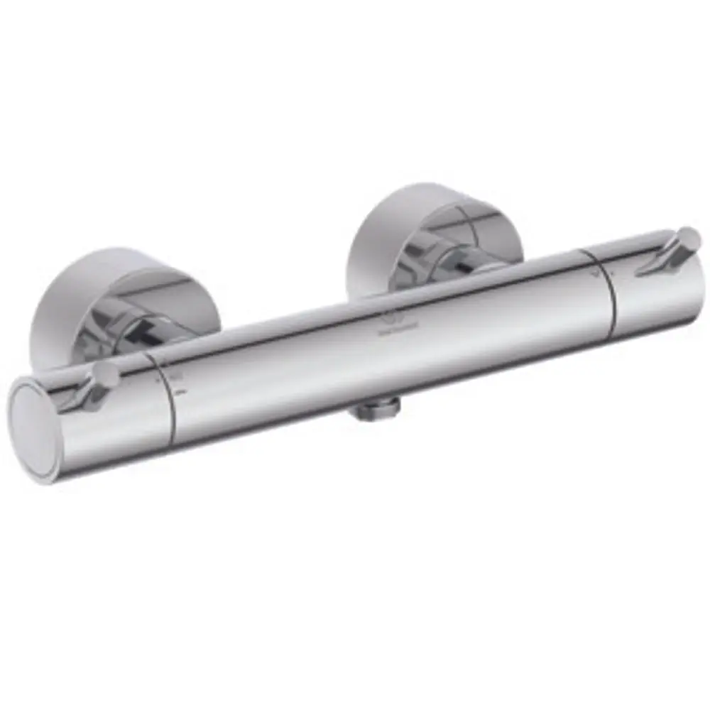 Thermostat von Ideal Standard mit zwei runden Bedienelementen für die Temperatur- und Wassermengenregulierung, verchromte Oberfläche, für die Wandmontage geeignet.